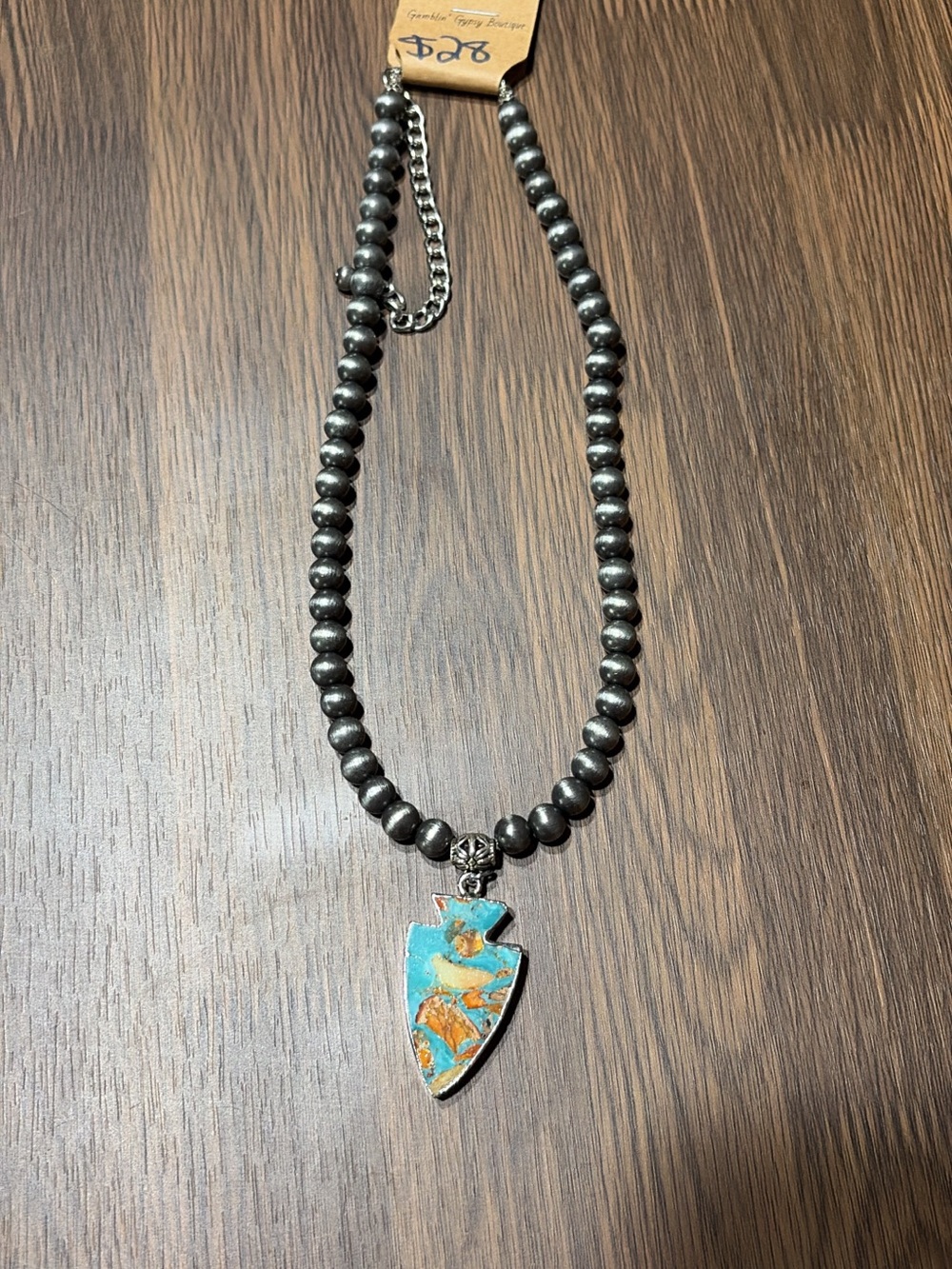 Silver Beaded Necklace with Turquoise Arrowhead Pendant